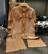Denim Pleated Blouse & Wide Leg Pants